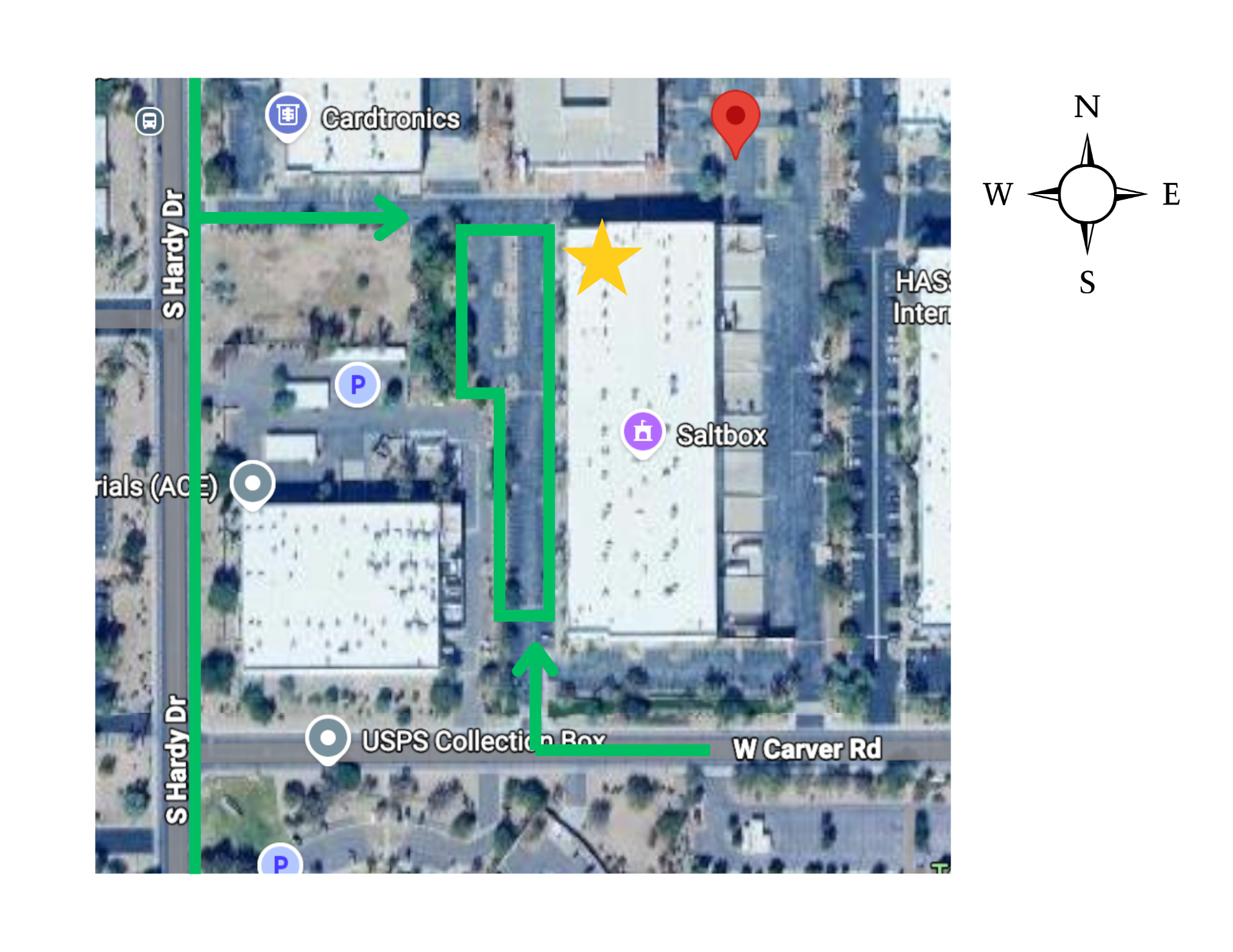 Aerial map of Saltbox in Tempe, Arizona, with green arrows showing parking access from S Hardy Drive and W Carver Road, and a gold star marking the entrance.